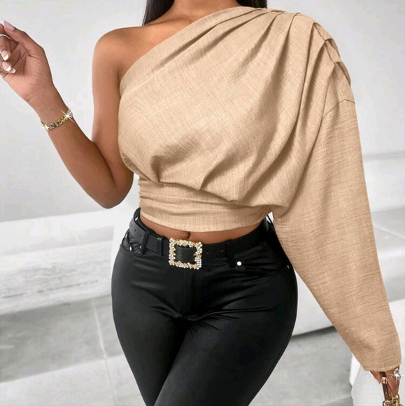 Women's Bule Color One Shoulder Pleated Long Sleeve Blouse,Solid Color - Picture 4 of 4